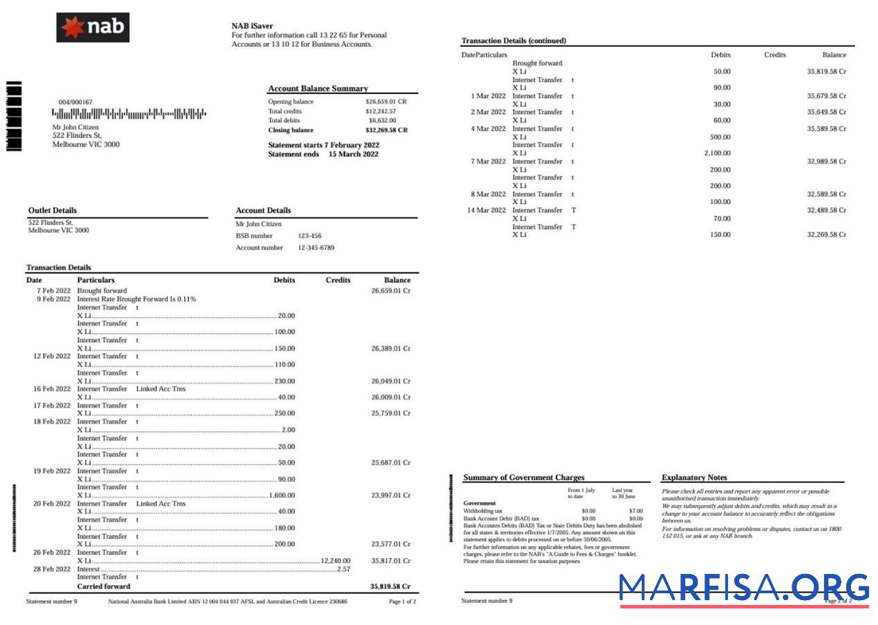 Blank Australia NAB bank statement 2 pages word download for verification